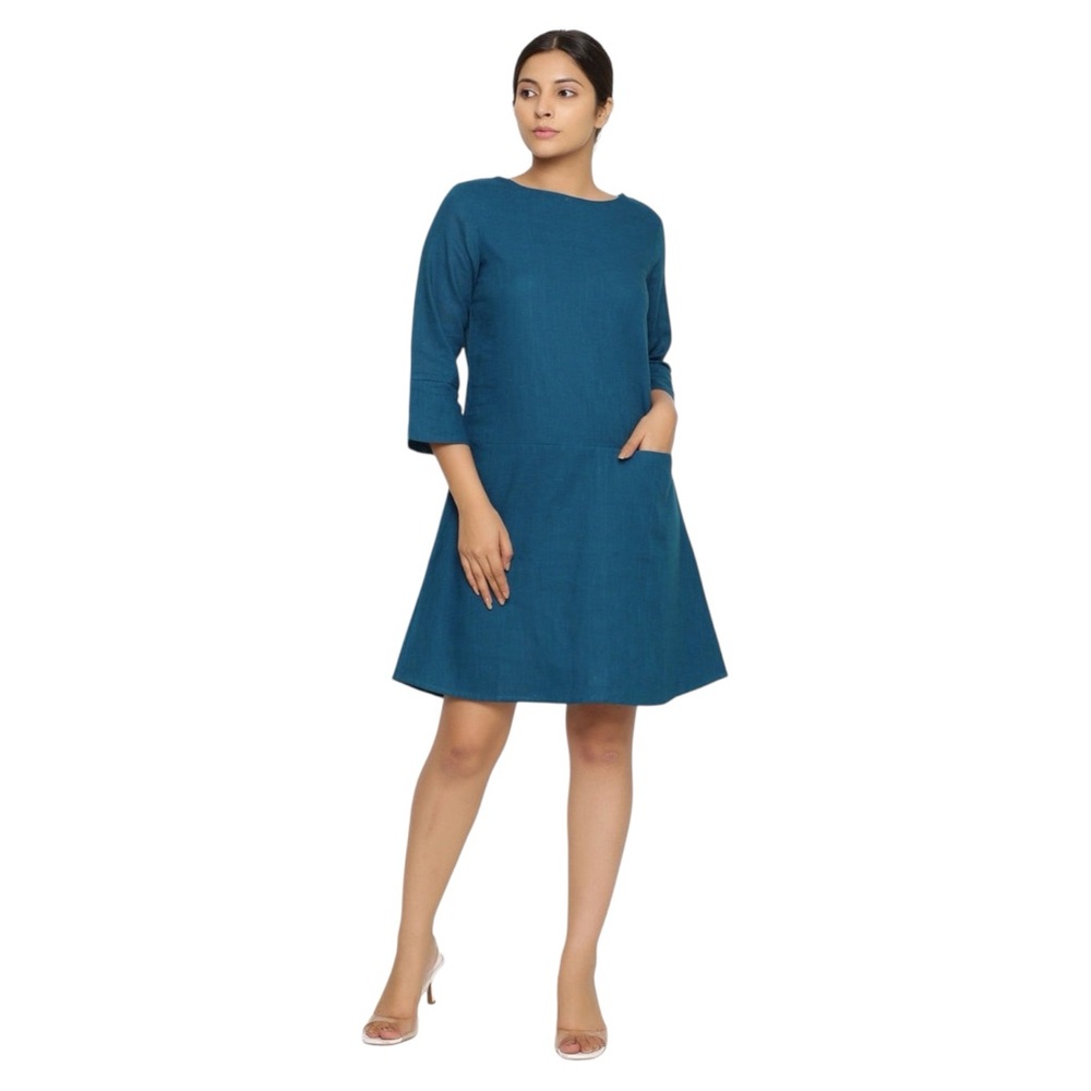 NWT SeamsFriendly Teal Blue Cotton Round Neck Short Tunic Dress Size 40” Regular